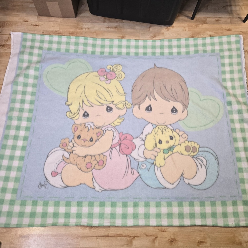 Precious Moments 2005 Fleece Blanket LARGE 62"x46" Boy Girl Puppy‎ Gingham EUC
